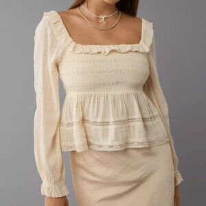 American Eagle Long-Sleeve Smocked Eyelet Shirt in Cream